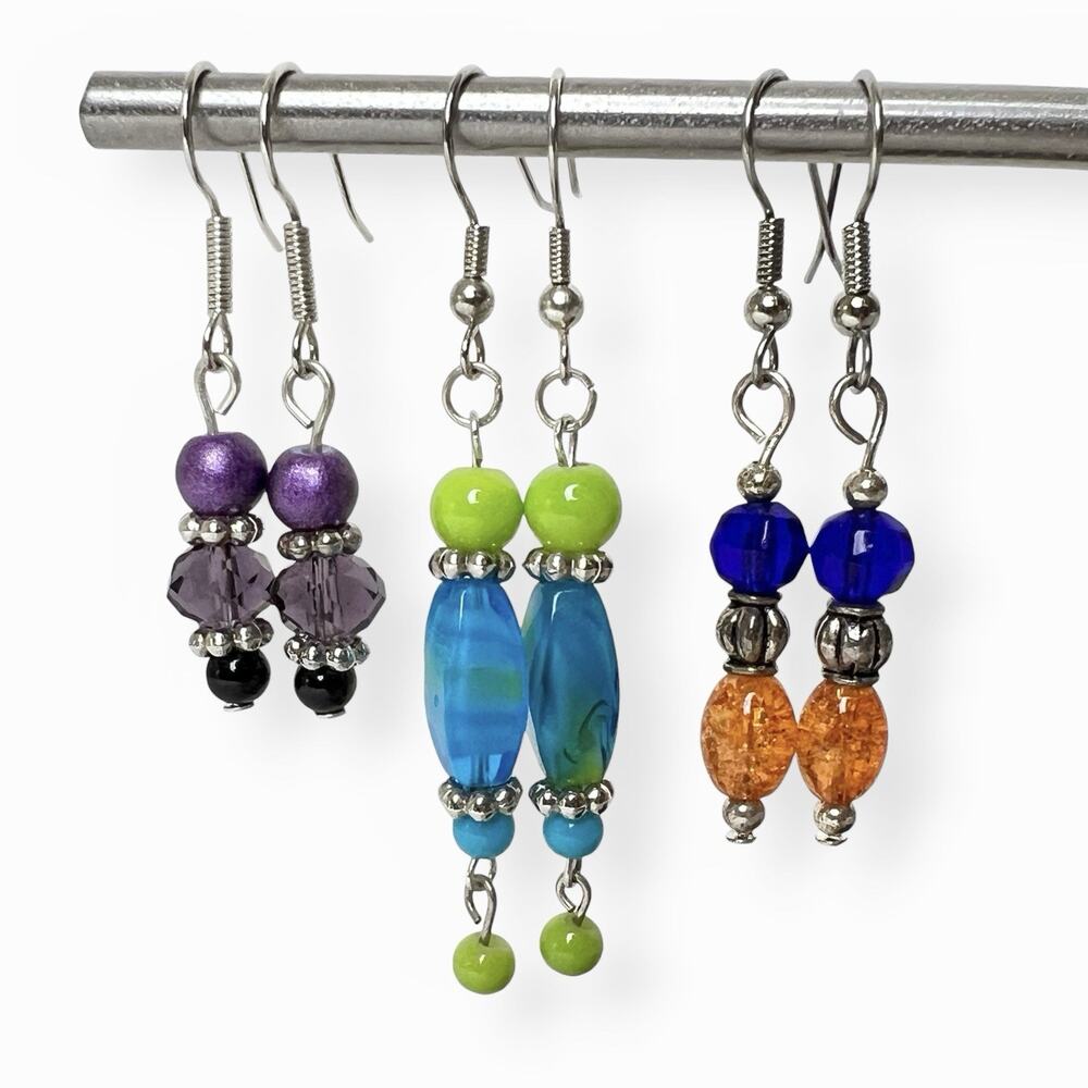 Beaded Dangle Earrings Lot 3 Pair Colorful Artisan Pierced Silver Tone Boho Chic
